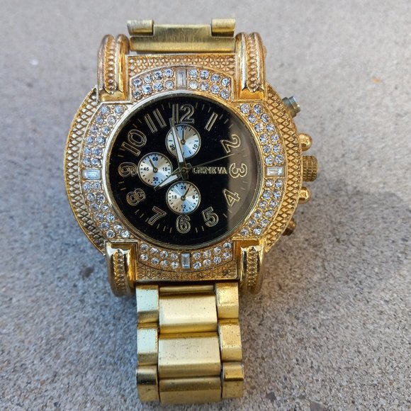 Mens GENEVA Oversized Wrist Watch Gold Rapper Bling Bling - Picture 2 of 15
